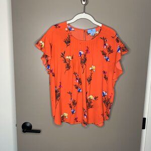 Red Floral CeCe Flutter Sleeve Top - Size M